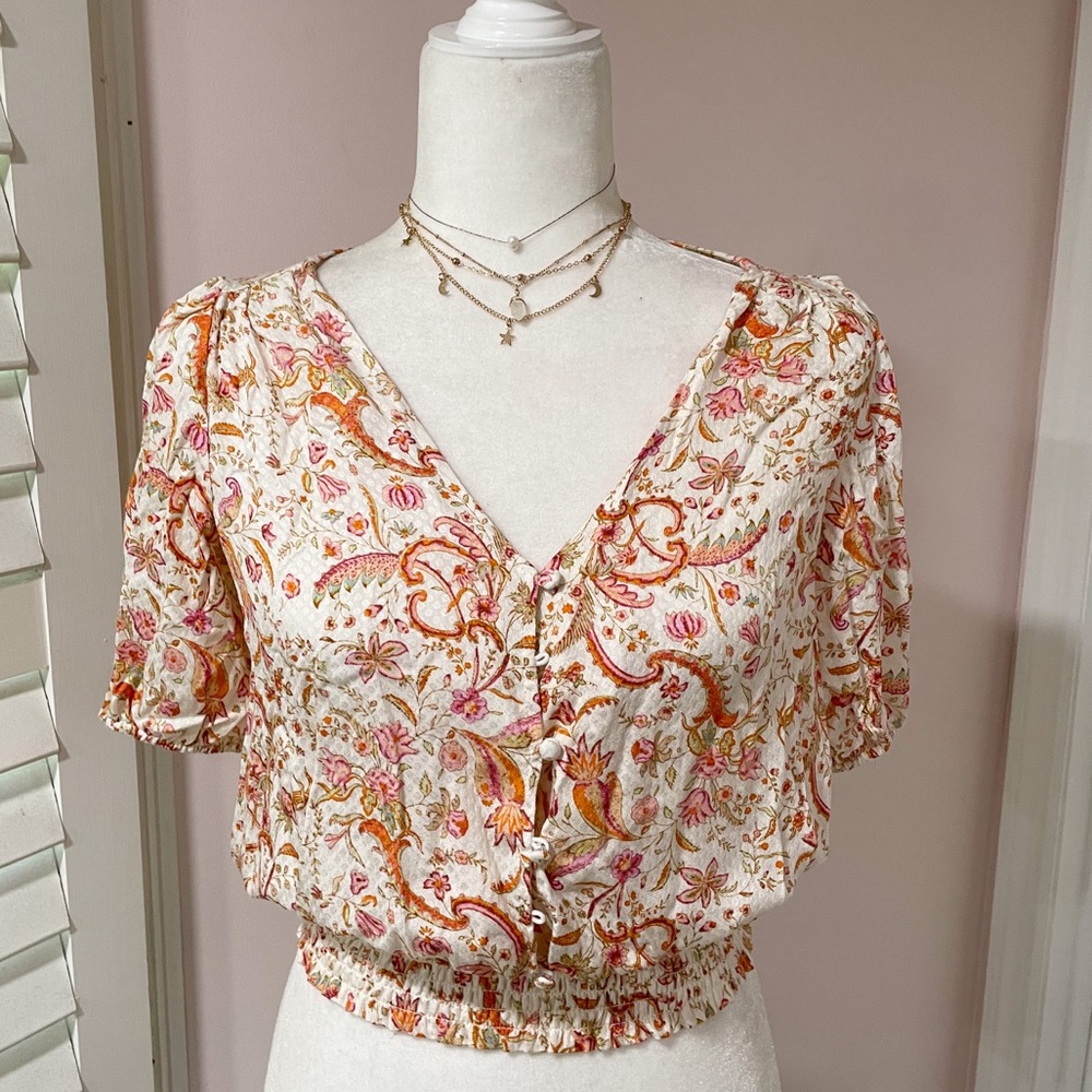 NWT Rose + Olive Floral Cropped Blouse XS